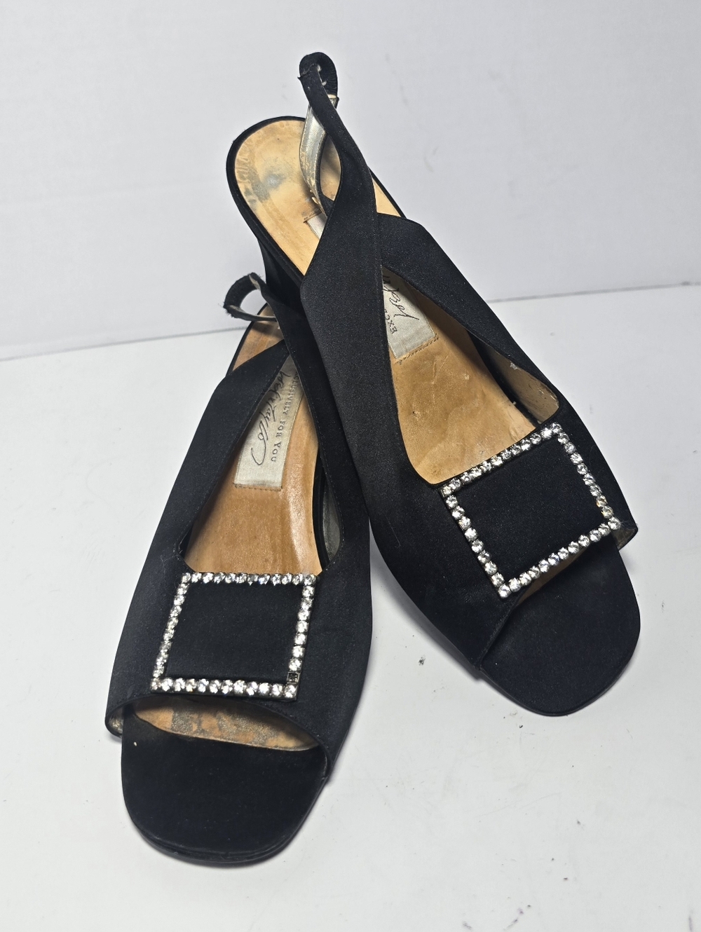 Lord & Taylor Black Satin Slingback Heels with Rhinestone Buckle